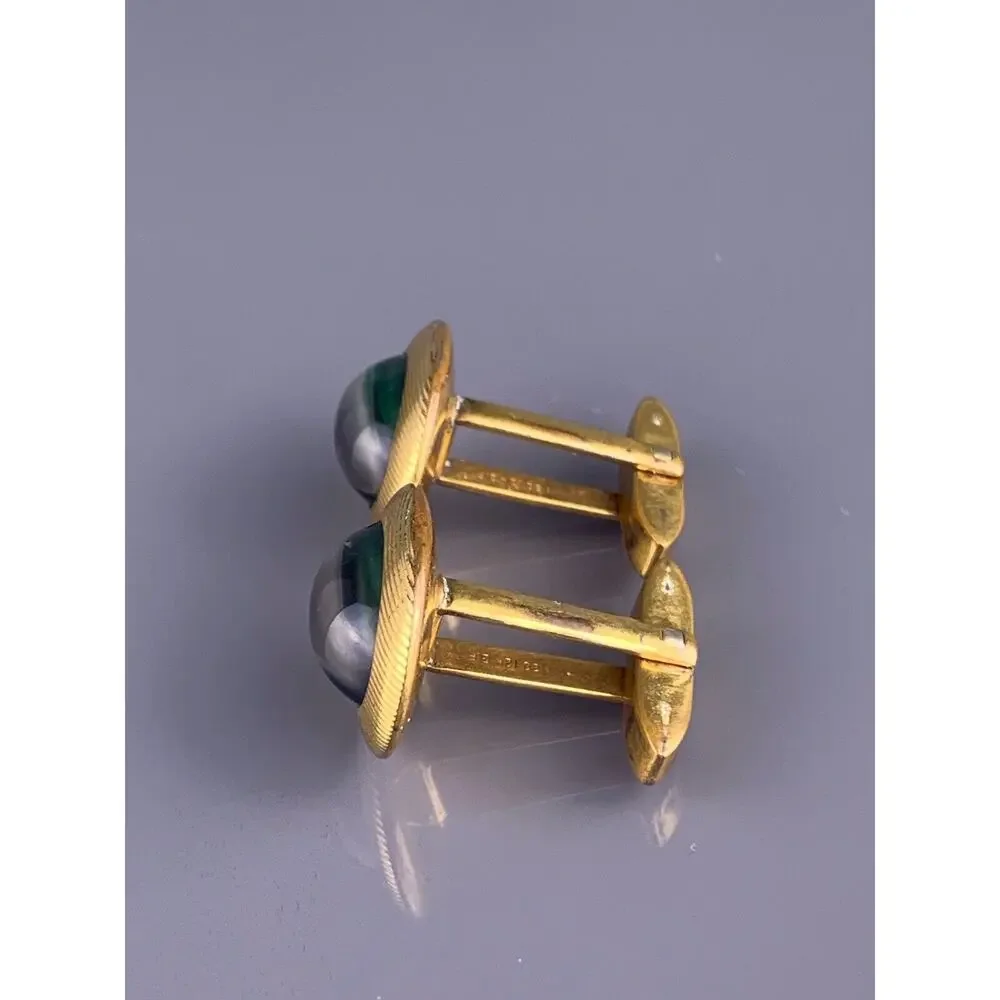 Green Stripes Glass Cufflinks 1/20 12k Gold Filled White Lines Art Deco Vintage